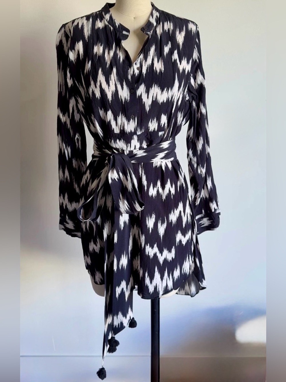 Figue Thalia Long Sleeve Tunic Dress Black & White Ikat Design